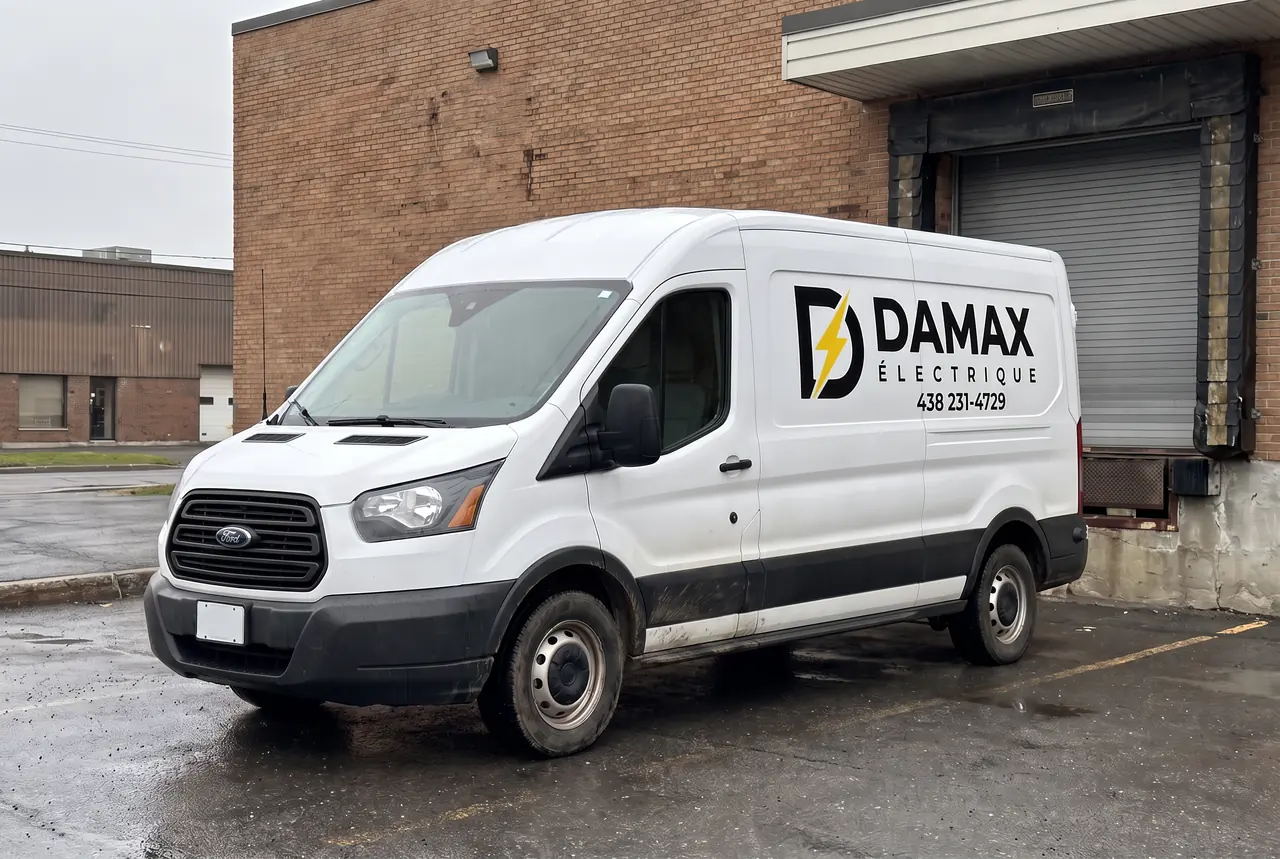 Camionnette blanche Damax électrique devant un quai de chargement en briques